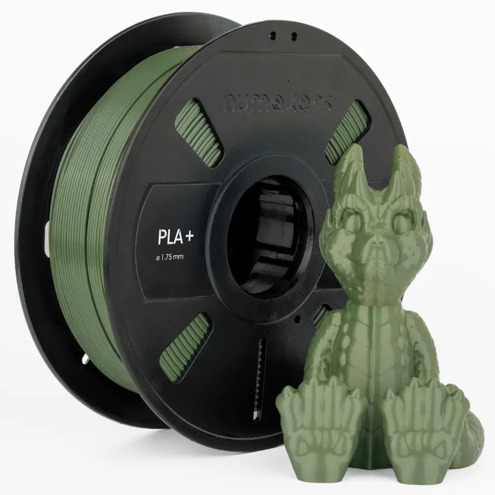 PLA+ Filament spool by Numakers on green 1.75 mm filament with a green dragon figurine