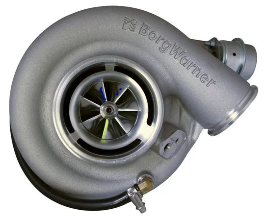 S363SX-E Drop-In Turbo Power Driven Diesel 1994-2002 Dodge Trucks BorgWarner housing, silver turbocharger, angled view
