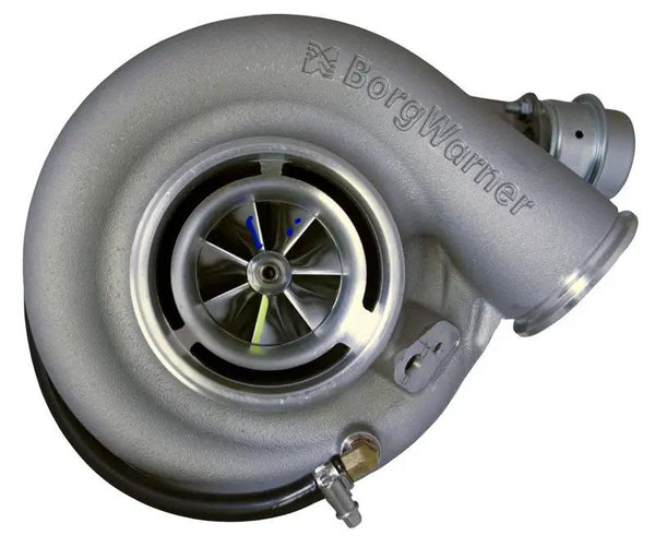 S363SX-E Drop-In Turbo Power Driven Diesel 1994-2002 Dodge Trucks BorgWarner housing, silver turbocharger, angled view