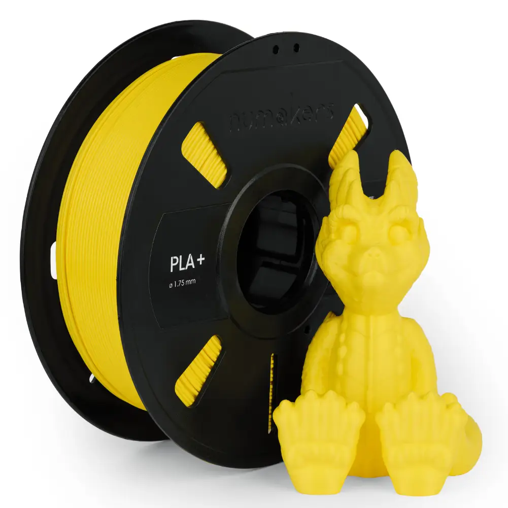 PLA+ filament spool by Numakers; yellow 1.75 mm filament beside a yellow dragon figurine (2 items)