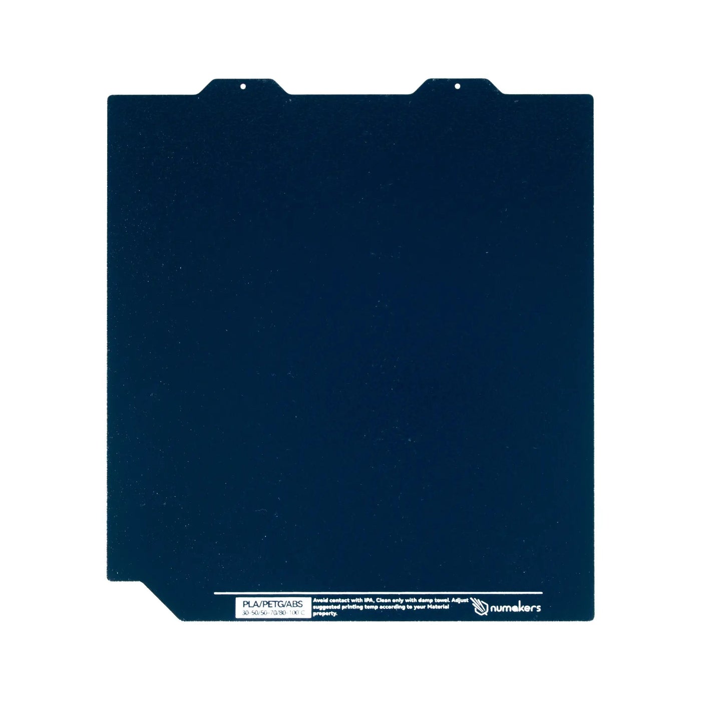 Numakers IceGrip Build Plate, blue 3D printer print bed with top mounting tabs and Numakers logo