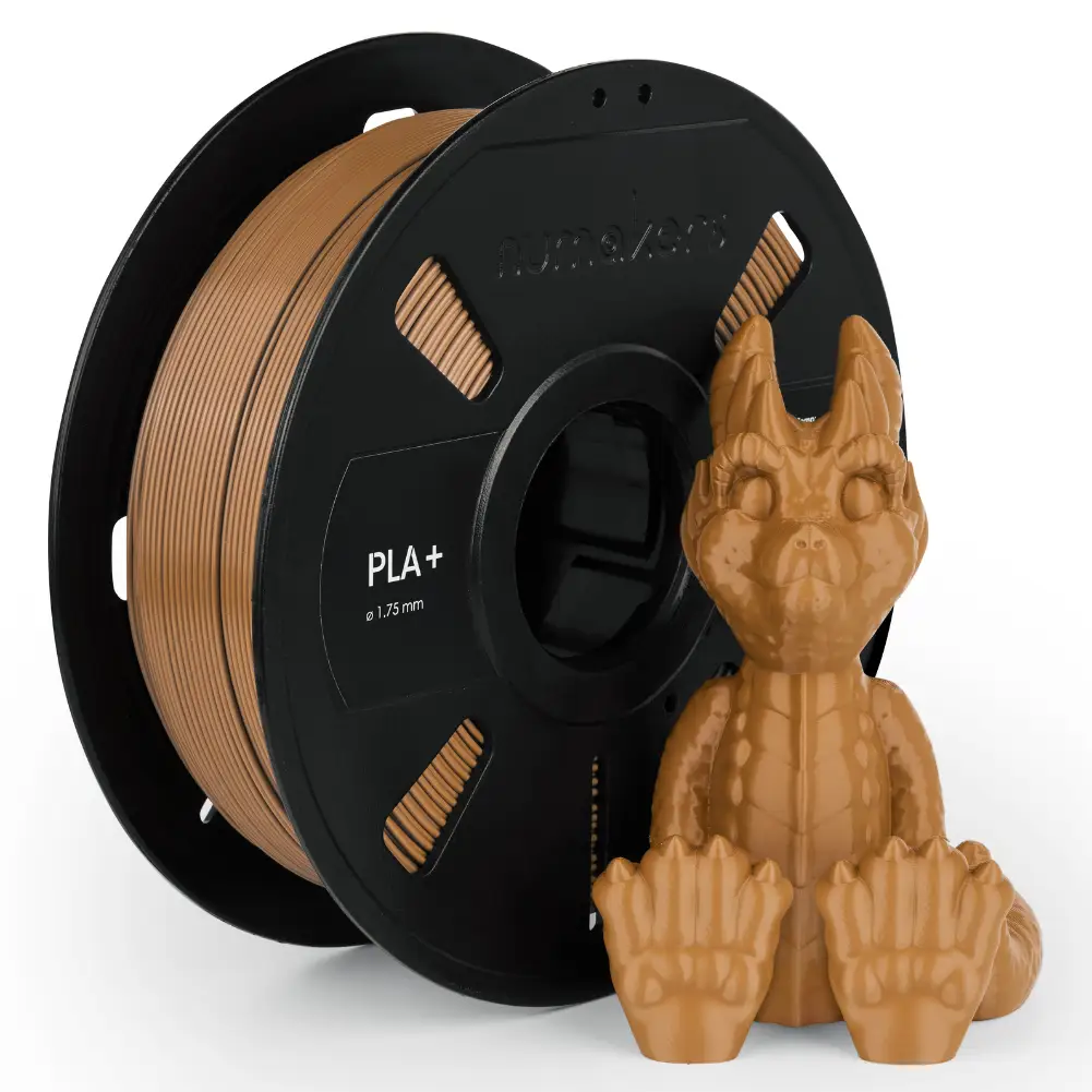 Numakers PLA+ filament spool in tan, 1.75 mm, 3D printer accessory, with tan dragon figurine