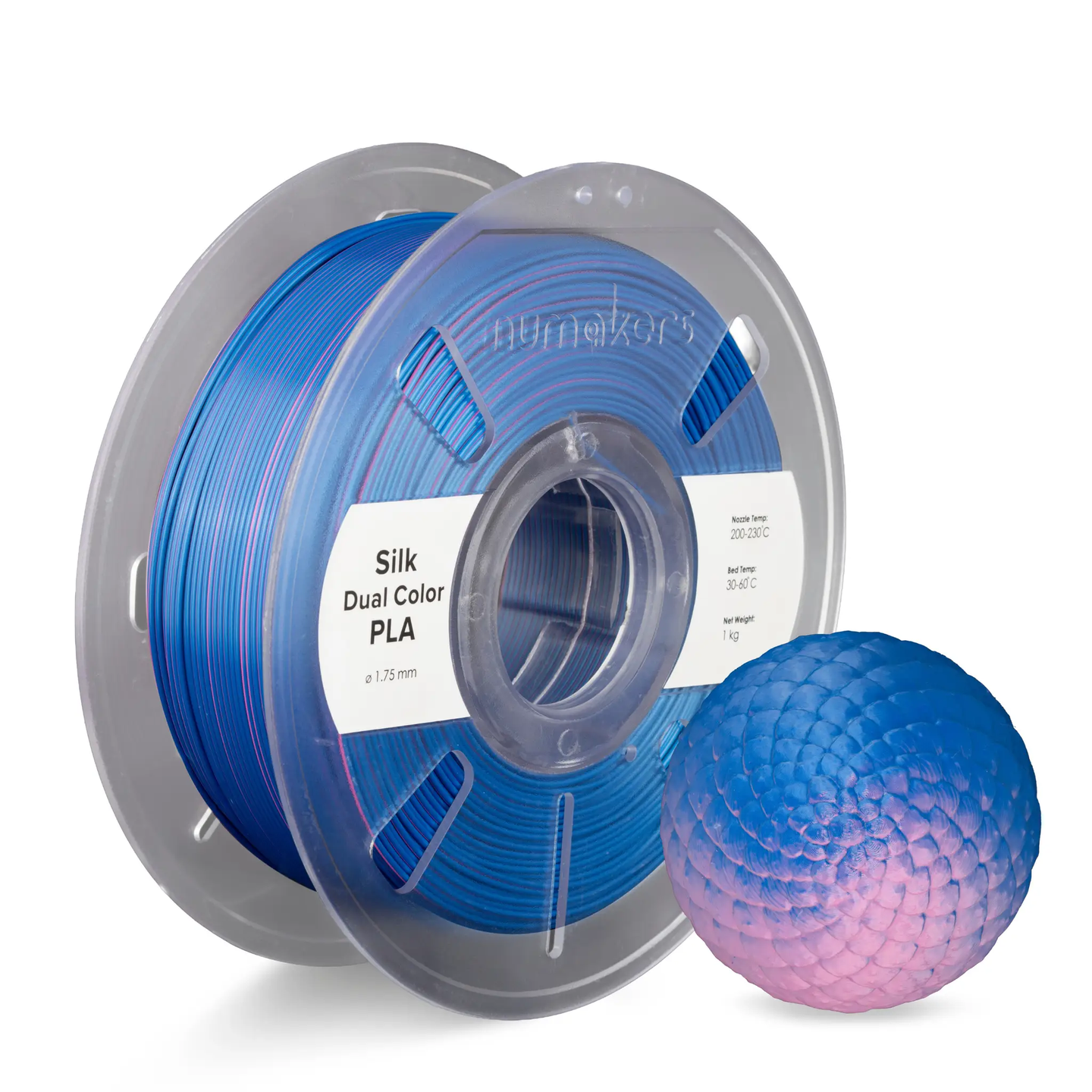 Dual-Color Silk PLA filament on Numakers spool; blue to purple gradient