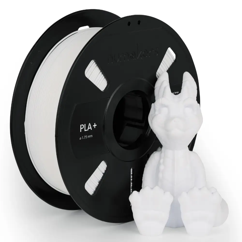 PLA+ Filament spool by Numakers, white 1.75 mm, with a white dragon figurine