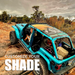 Custom Printed Shade Top SunShade on turquoise Jeep roof; desert rocky trail background