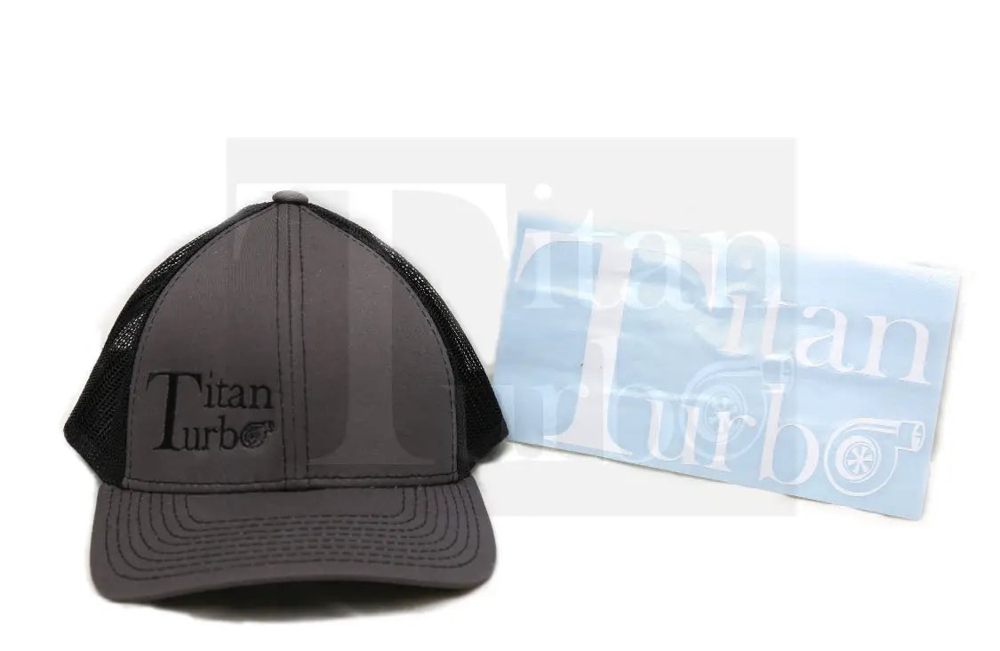 Titan Turbo Hat gray front panel with black mesh back; embroidered Titan Turbo logo on front