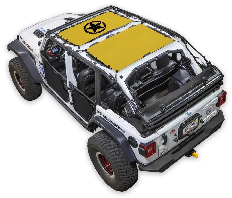 Sun shade top for Jeep Wrangler JLU 4-Door by SpiderWebShade, stock yellow printed panels