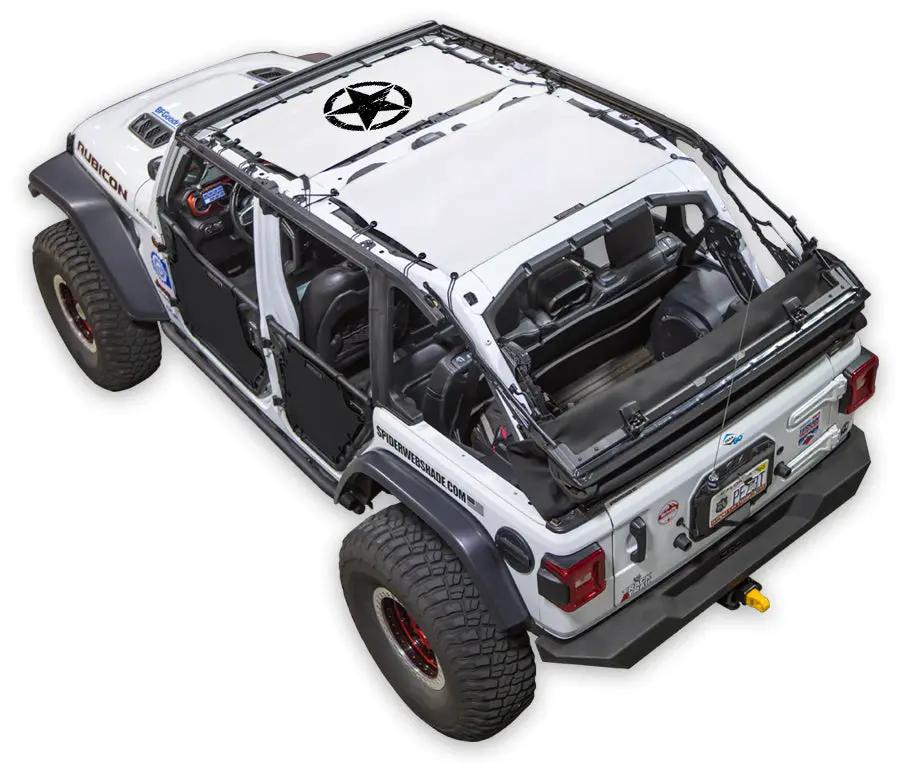 Sun shade for Jeep Wrangler JLU 4-Door by SPIDERWEBSHADE; white stock printed shade top installed.