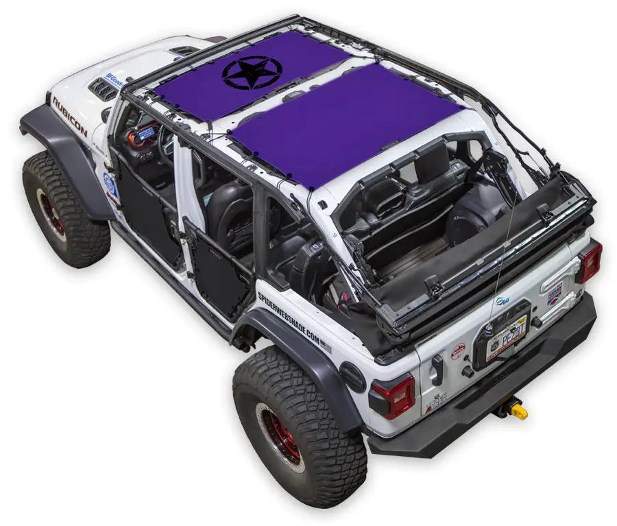 Sun shade for Jeep Wrangler JLU 4-Door by SpiderWebShade, purple printed top.