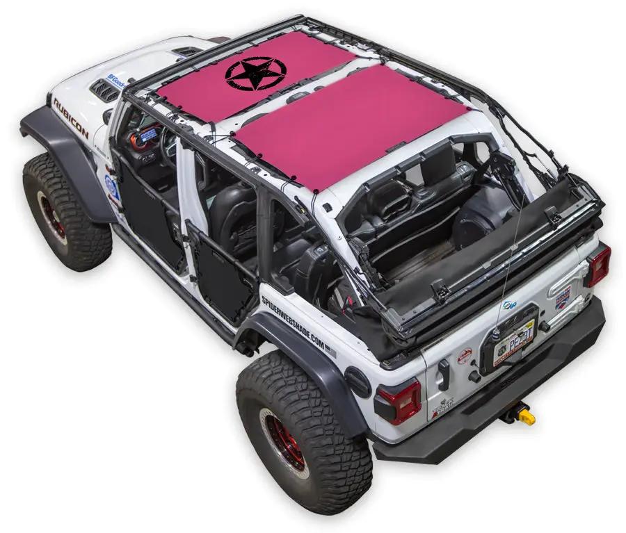 Sun Shade SpiderWebShade for Jeep Wrangler JLU 4-Door; pink printed shade top.