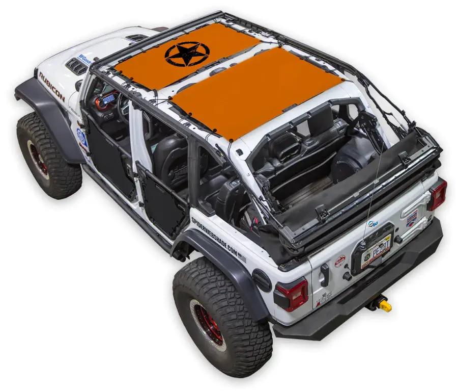 Sun shade top for Jeep Wrangler JLU 4-Door by SpiderWebShade with orange panels