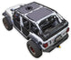 Sun Shade for Jeep Wrangler JLU 4-Door by SpiderWebShade; stock printed shade top for 2018–2026 Wrangler, shown on white SUV