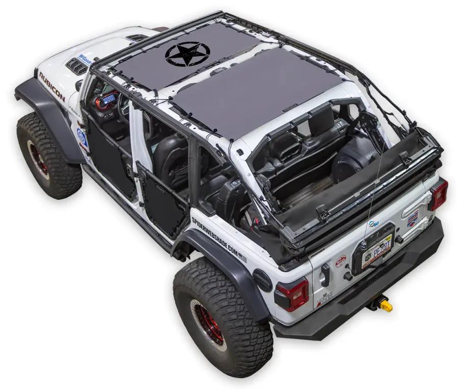 Sun Shade for Jeep Wrangler JLU 4-Door by SpiderWebShade; stock printed shade top for 2018–2026 Wrangler, shown on white SUV