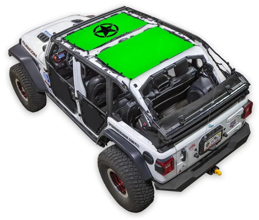 Sunshade for Jeep Wrangler JLU 4-Door; SPIDERWEBSHADE green roof panels with star logo on a white Jeep.