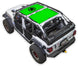 Sunshade for Jeep Wrangler JLU 4-Door; SPIDERWEBSHADE green roof panels with star logo on a white Jeep.