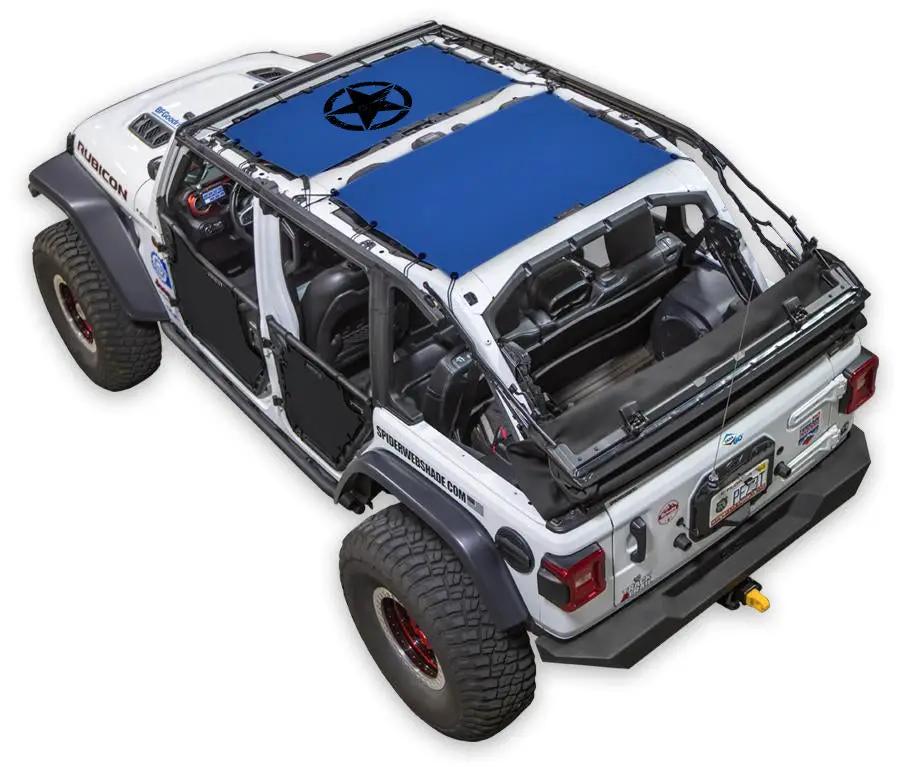 Sun shade for Jeep Wrangler JLU 4-Door by SPIDERWEBSHADE, blue stock-printed shade top.