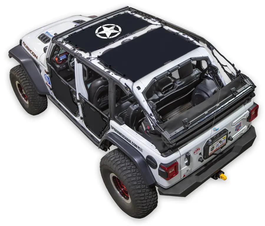 Sun shade top for Jeep Wrangler JLU 4-Door by SpiderWebShade; black stock printed shade panels