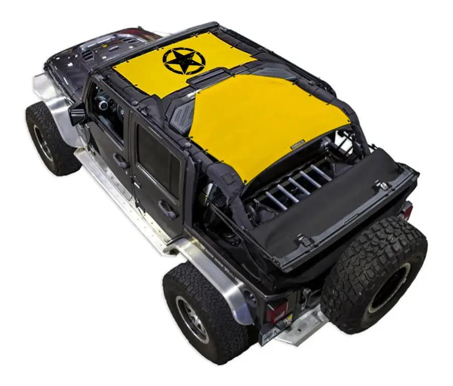 SpiderWebShade Sun Shade for Jeep Wrangler JKU 4-Door, yellow printed top with black spider logo