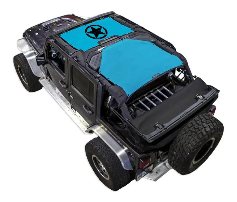 Sun shade for Jeep Wrangler JKU 4-Door by SPIDERWEBSHADE, blue stock-printed shade top (2007–2017).