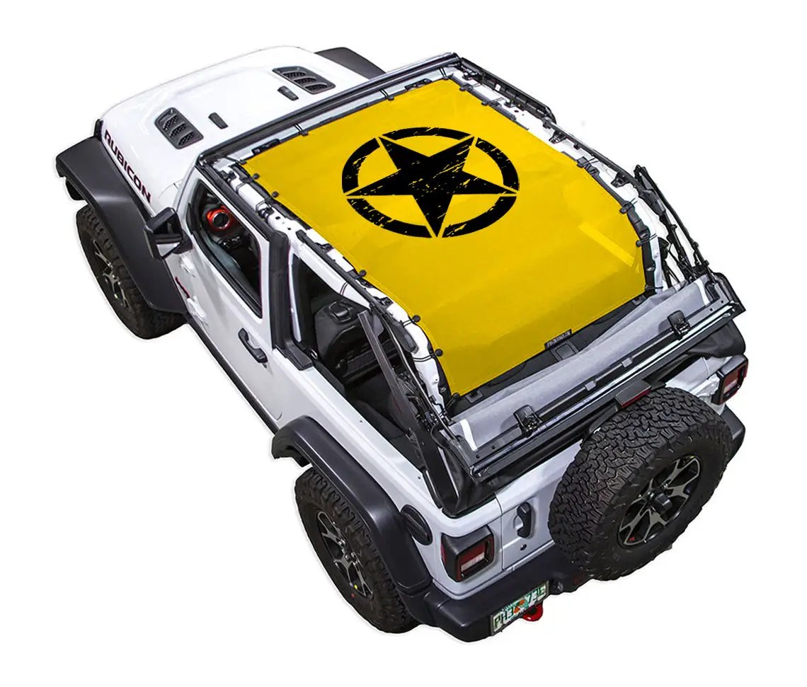 Sun shade top for Jeep Wrangler JL 2-Door by SpiderWebShade; yellow stock-printed shade with black star compass graphic.