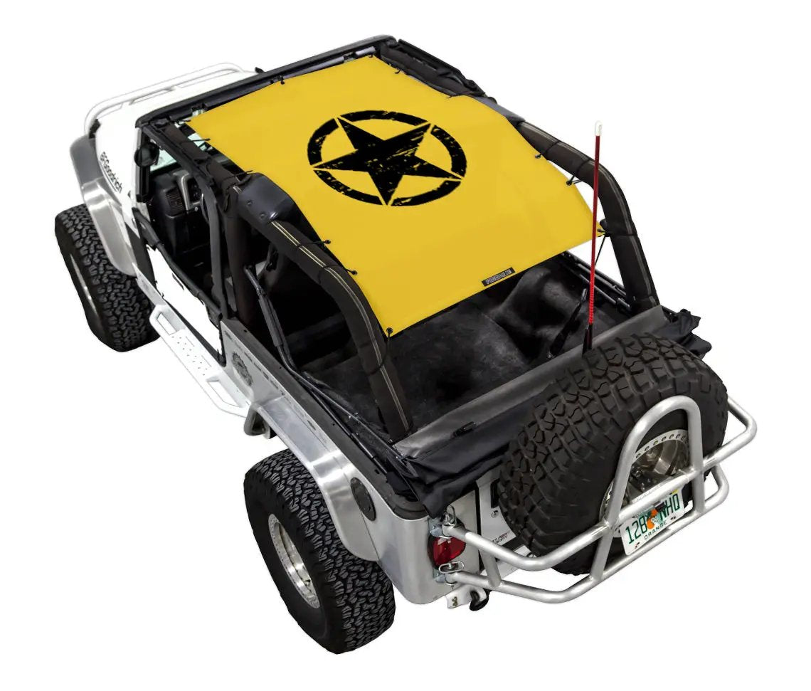 Sun shade top for Jeep Wrangler LJ (2004–2006), SpiderWebShade; bright yellow with black star emblem.