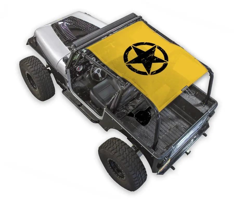 Sun Shade for Jeep Wrangler YJ by SPIDERWEBSHADE; yellow printed top with black star logo