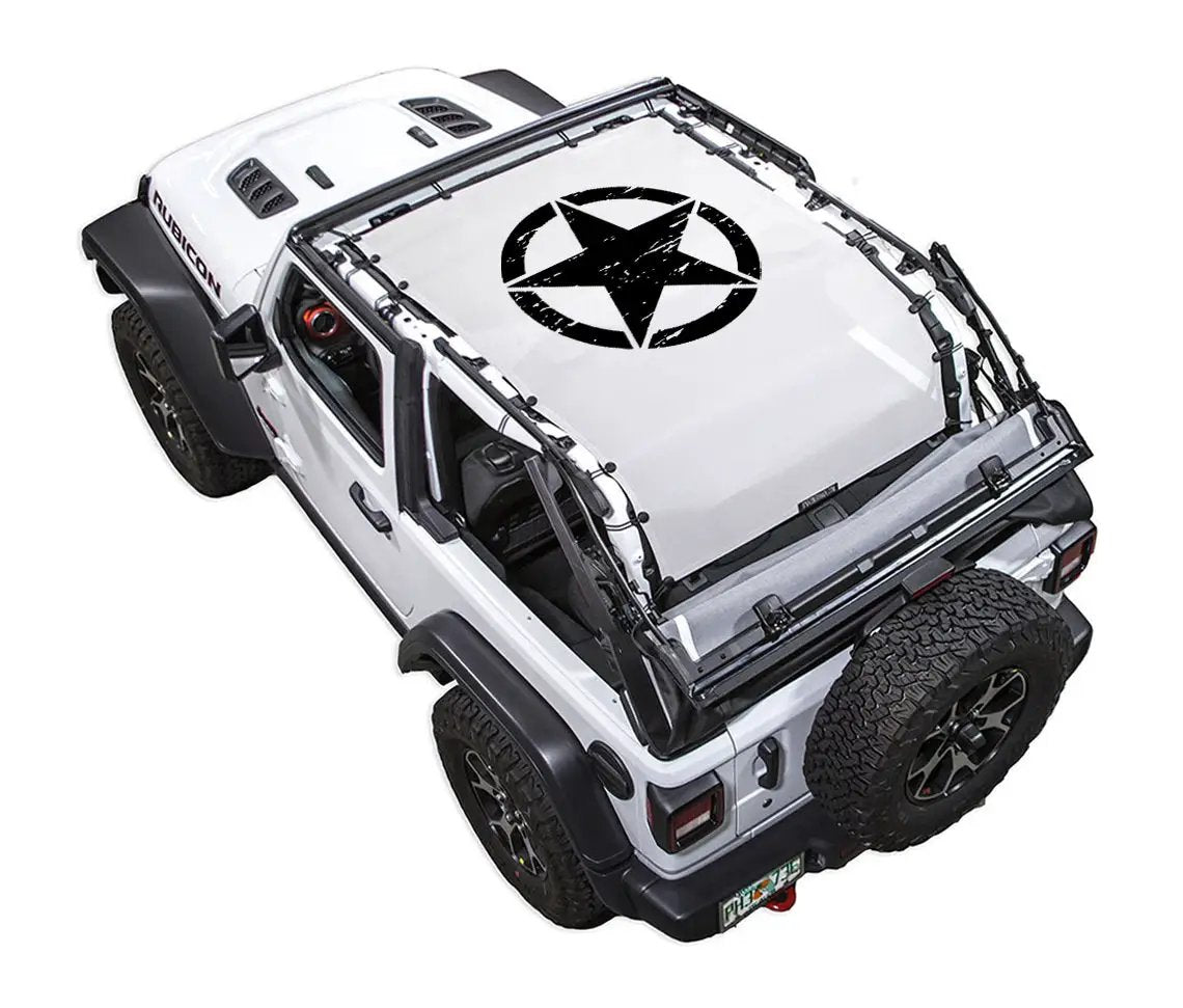 SpiderWebShade sun shade for Jeep Wrangler JL 2-Door; white Jeep with black star graphic on the shade.