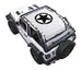 SpiderWebShade sun shade for Jeep Wrangler JL 2-Door; white Jeep with black star graphic on the shade.