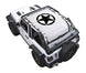 SpiderWebShade sun shade for Jeep Wrangler JL 2-Door; white Jeep with black star graphic on the shade.