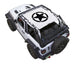 Sun Shade by SPIDERWEBSHADE for Jeep Wrangler JL 2-Door; white stock-printed top with black star logo