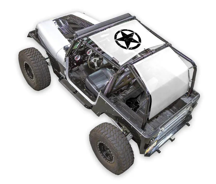 Sun shade for Jeep Wrangler YJ by SpiderWebShade, star-printed stock shade top (1987–1996)