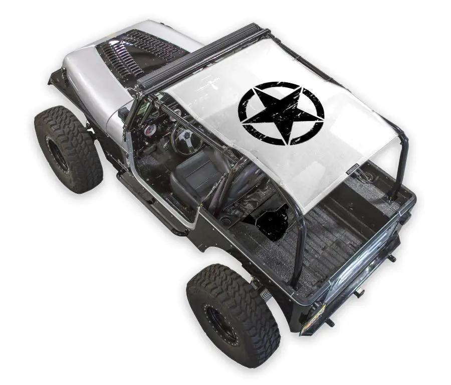 Sun shade top for Jeep Wrangler YJ 87–96 by SpiderWebShade with stock printed star logo