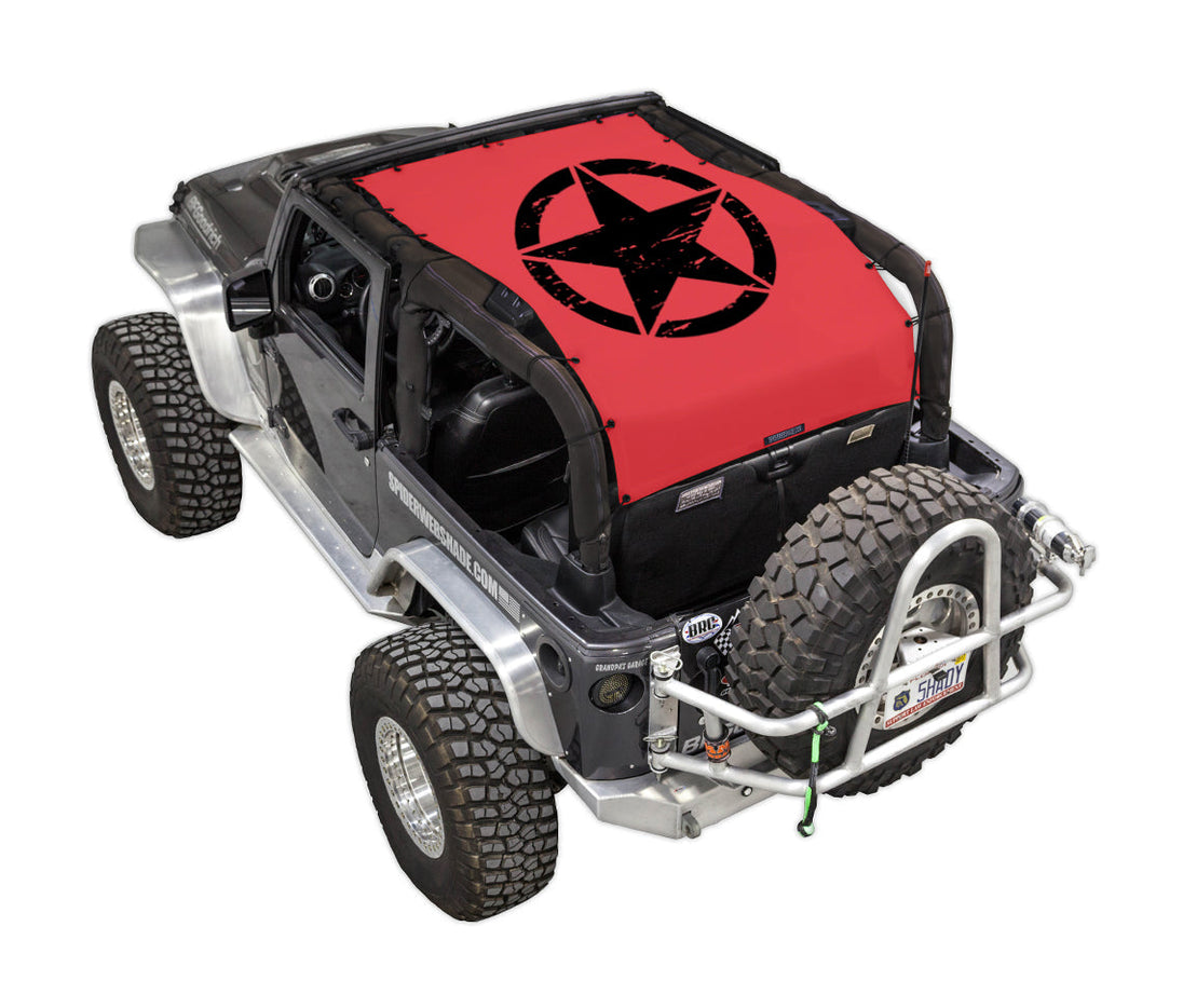 SPIDERWEBSHADE sun shade top for Jeep Wrangler JK 2-Door, red stock printed with black star