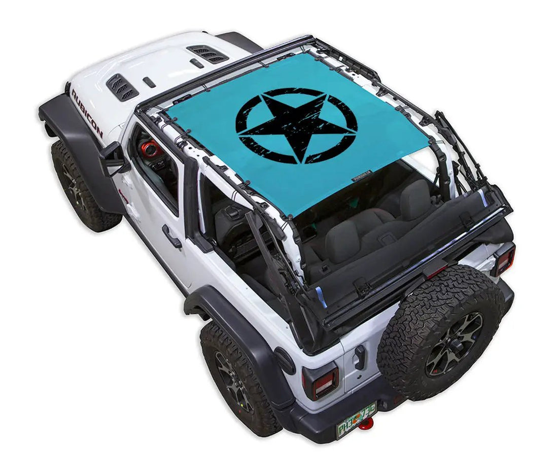 Sun shade SpiderWebShade teal stock printed shade top with black compass star logo on Jeep Wrangler JL 2-Door