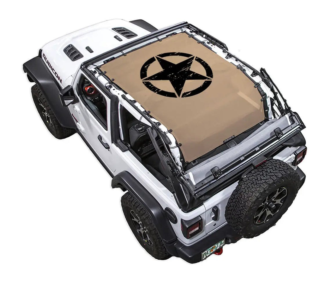 SPIDERWEBSHADE sun shade top for Jeep Wrangler JL 2-Door, tan with black star emblem