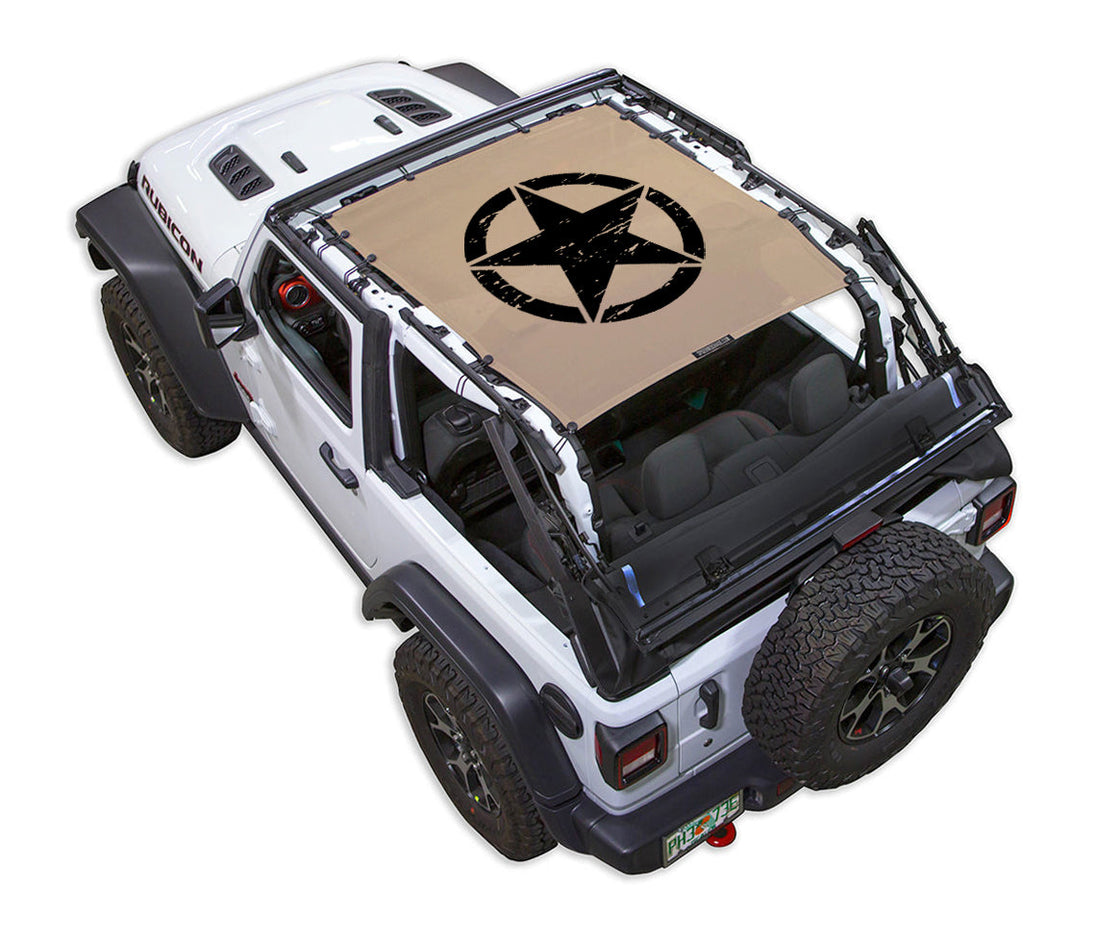 SpiderWebShade sun shade for Jeep Wrangler JL 2-Door, tan stock printed top with black star emblem