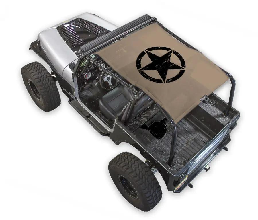 Sun shade top for Jeep Wrangler YJ (1987–1996) by SPIDERWEBSHADE; tan fabric with black star logo.
