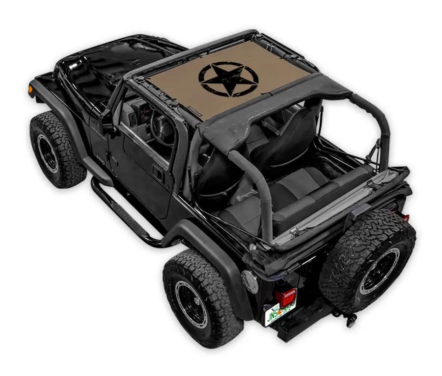 SPIDERWEBSHADE Sun Shade for Jeep Wrangler TJ (1997–2006) stock printed tan shade with black star logo