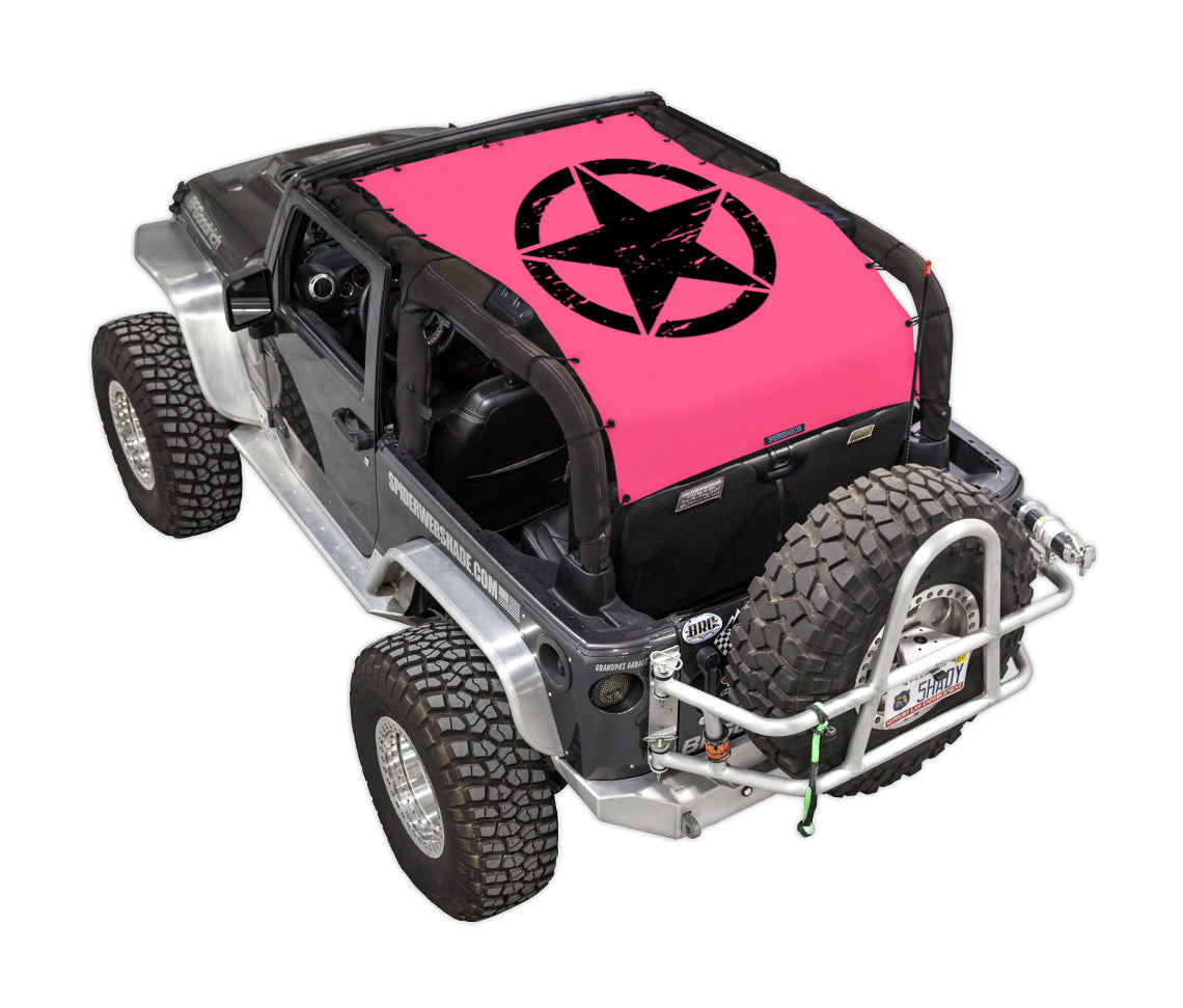 Sun shade SPIDERWEBSHADE for Jeep Wrangler JK 2-Door, pink printed top with black star emblem