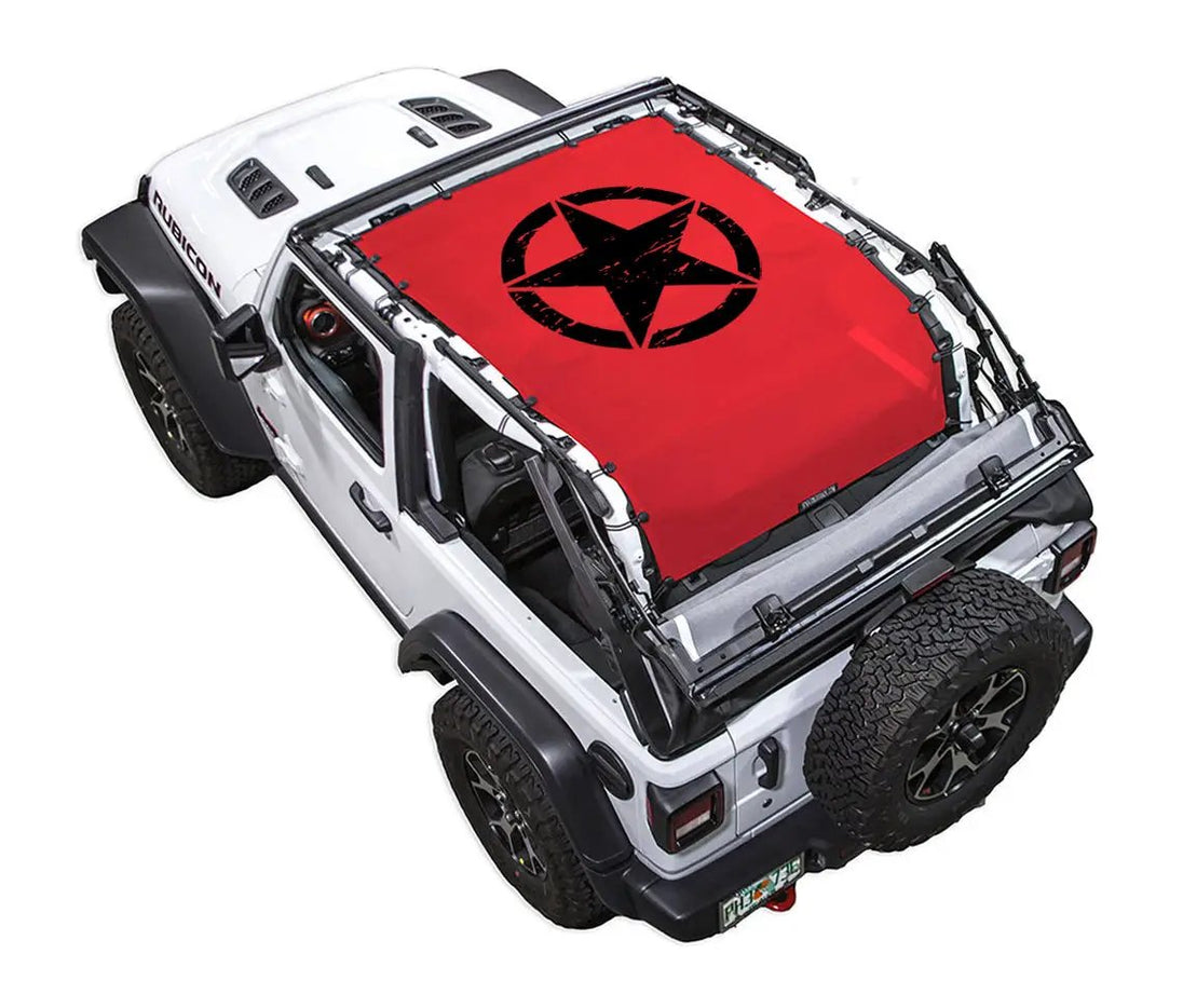 Sun shade top for Jeep Wrangler JL 2-Door by SPIDERWEBSHADE, red printed shade with black star emblem