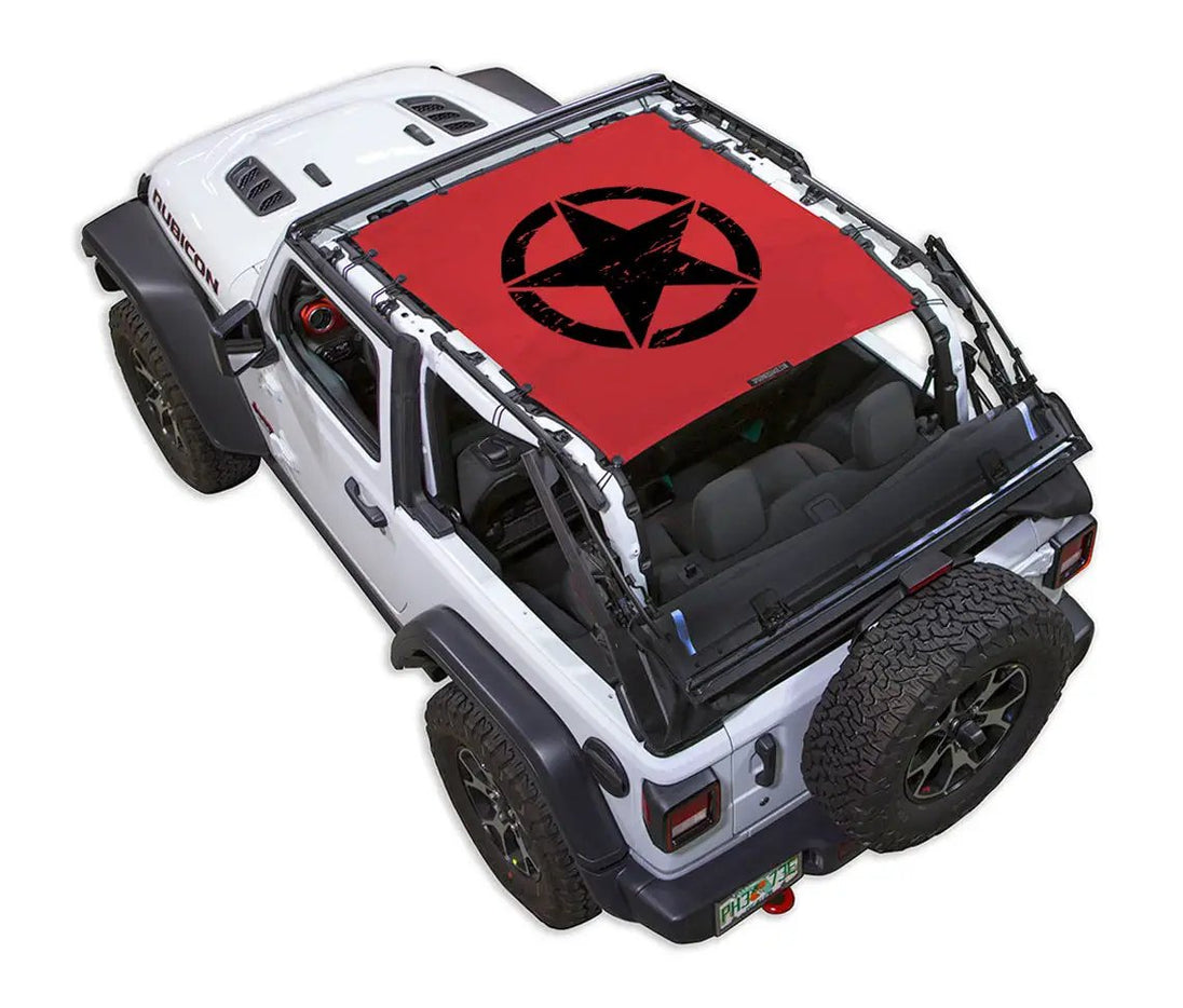 SpiderWebShade sun shade for Jeep Wrangler JL 2-Door; red printed top with black star emblem, labeled SPIDERWEBSHADE