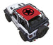 SpiderWebShade sun shade for Jeep Wrangler JL 2-Door; red printed top with black star emblem, labeled SPIDERWEBSHADE