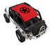 Sun shade top by SpiderWebShade in red with black printed star design for Jeep Wrangler LJ (2004–2006).