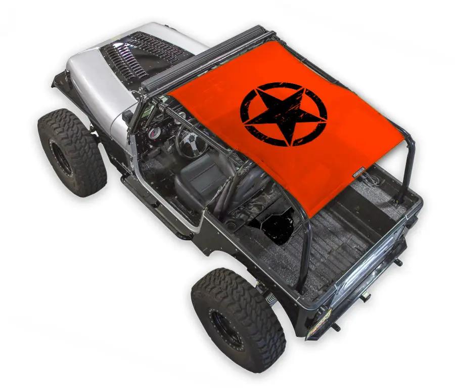 Sun shade top for Jeep Wrangler YJ (1987–1996) by SpiderWebShade, orange with black star logo