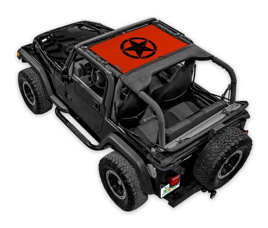 Sun Shade by SPIDERWEBSHADE for Jeep Wrangler TJ (1997–2006), orange printed top with black star logo