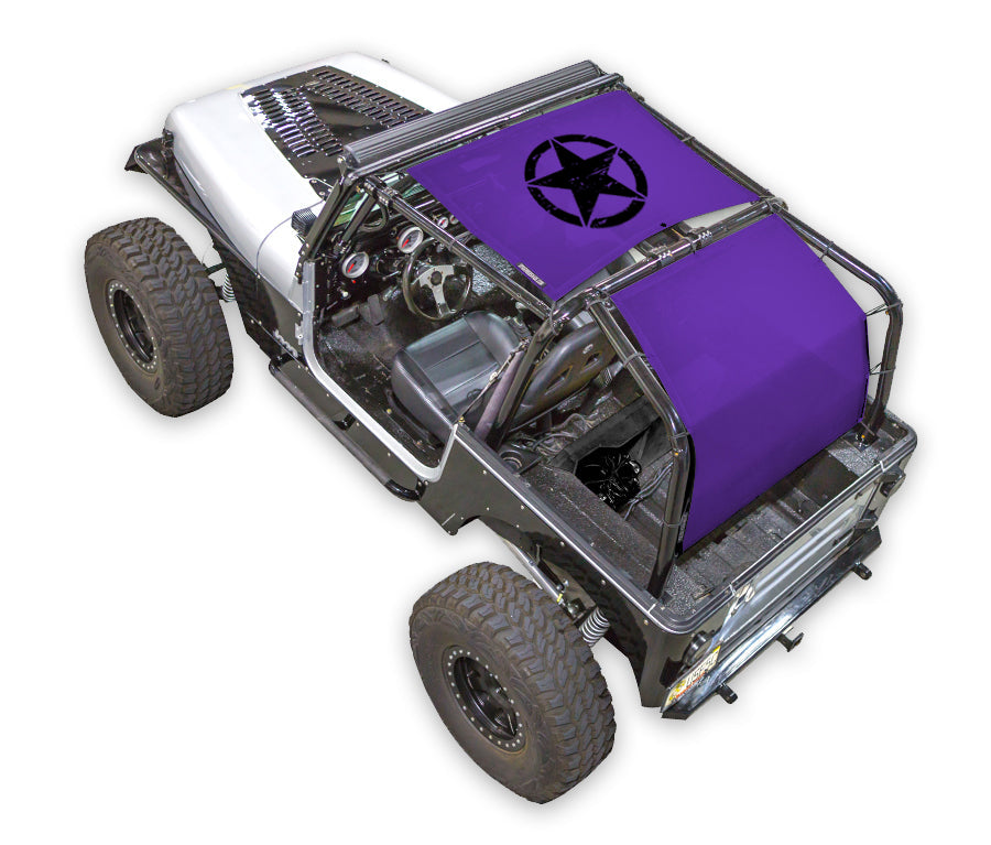 SPIDERWEBSHADE Jeep Wrangler YJ sun shade top, purple printed fabric with black star logo