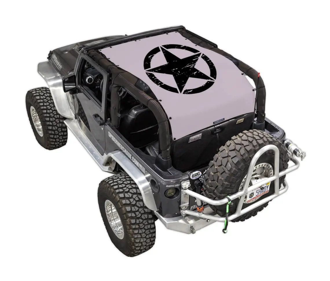 SPIDERWEBSHADE sun shade for Jeep Wrangler JK 2-Door; light lavender top with black circular star emblem.