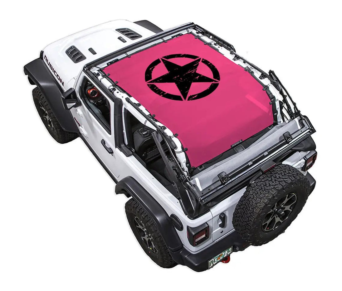 Sun Shade for Jeep Wrangler JL 2-Door by SpiderWebShade; pink printed shade with black star emblem.
