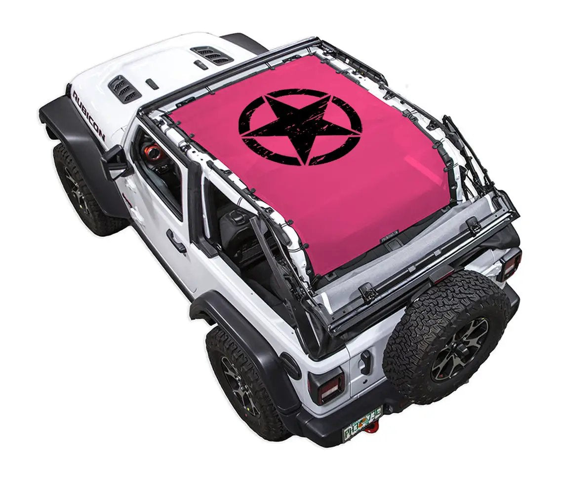Sun Shade for Jeep Wrangler JL 2-Door by SpiderWebShade; pink printed shade with black star emblem.