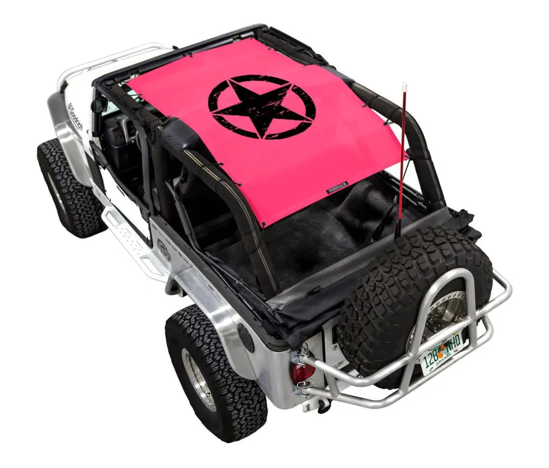 Sun shade for Jeep Wrangler LJ (2004–2006) by SPIDERWEBSHADE, pink printed shade top with black star logo